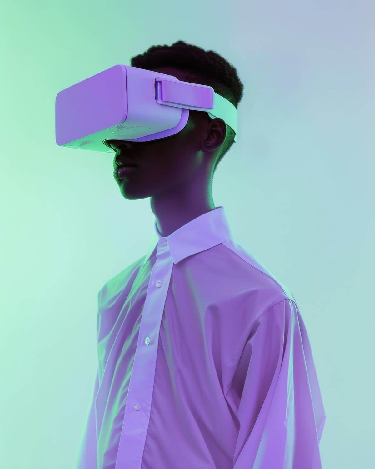 Jugador con un visor de realidad virtual iluminado en tonos verdes y violetas